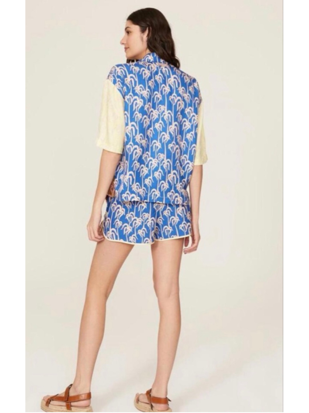 Free People Scotch & Soda M Palm Print Button Down Shirt Brown Blue - Picture 2 of 4